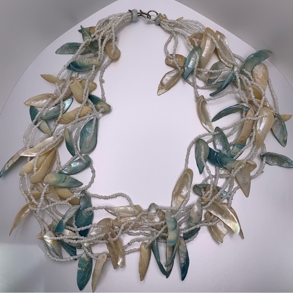 ♥️SALE! 3for$15 Vintage seashell necklace 24” multi-strand seed bead blue white - Picture 1 of 5